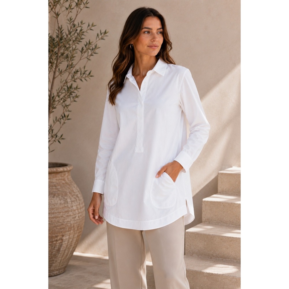 Lafayette 148 New York White Tunic Blouse Size 12 Hidden Placket Stretch Cotton